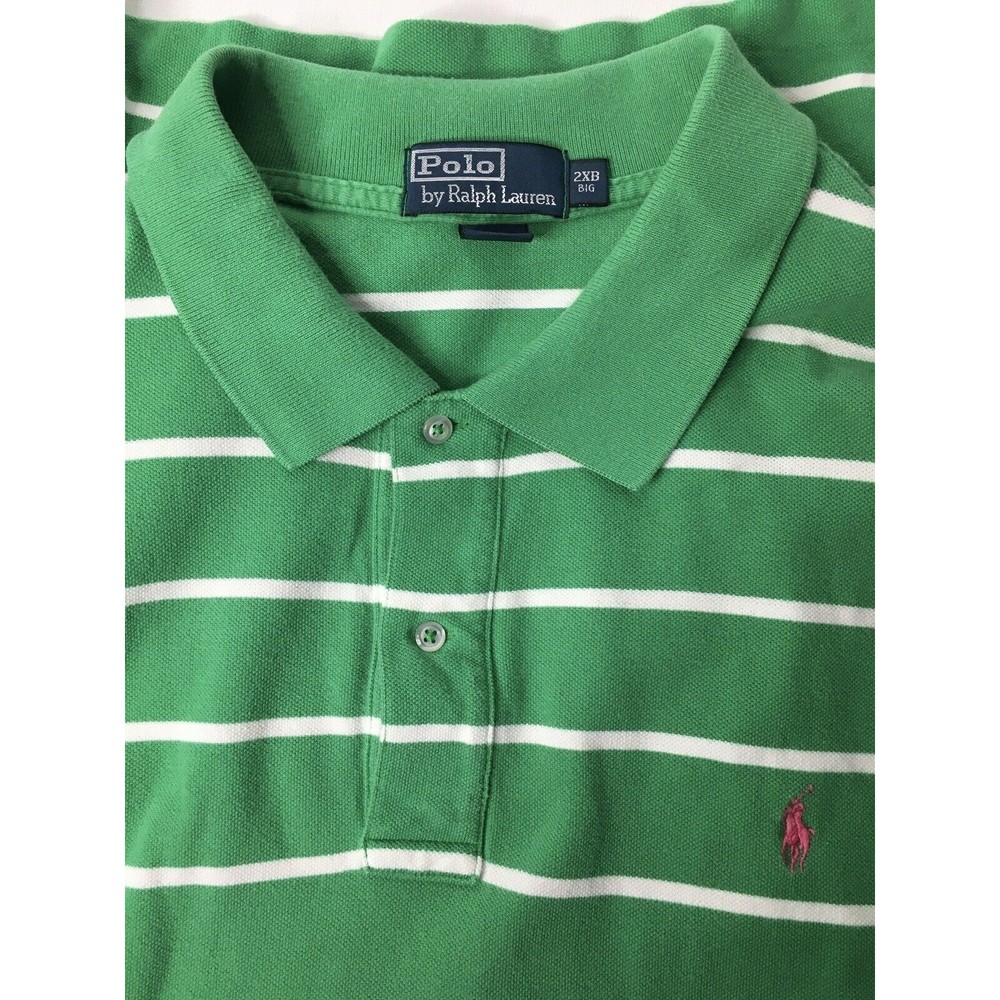 Vintage Polo Ralph Lauren Size 2XL Green Horizontal Striped Polo Shirt Pink Logo
